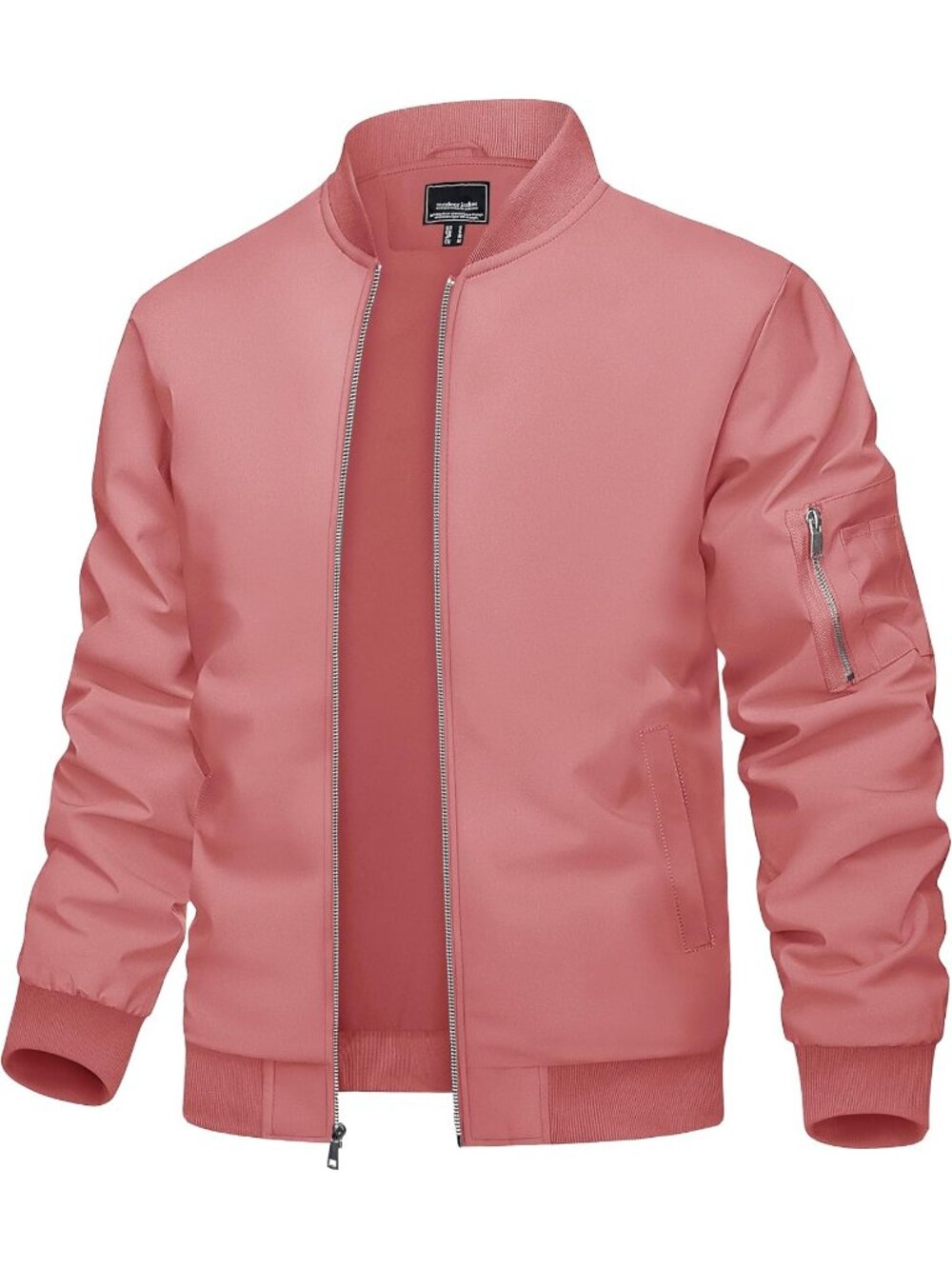 Men's Grey Pink Full Zipper Stand Collar Pockets Windbreaker Bomber Jacket